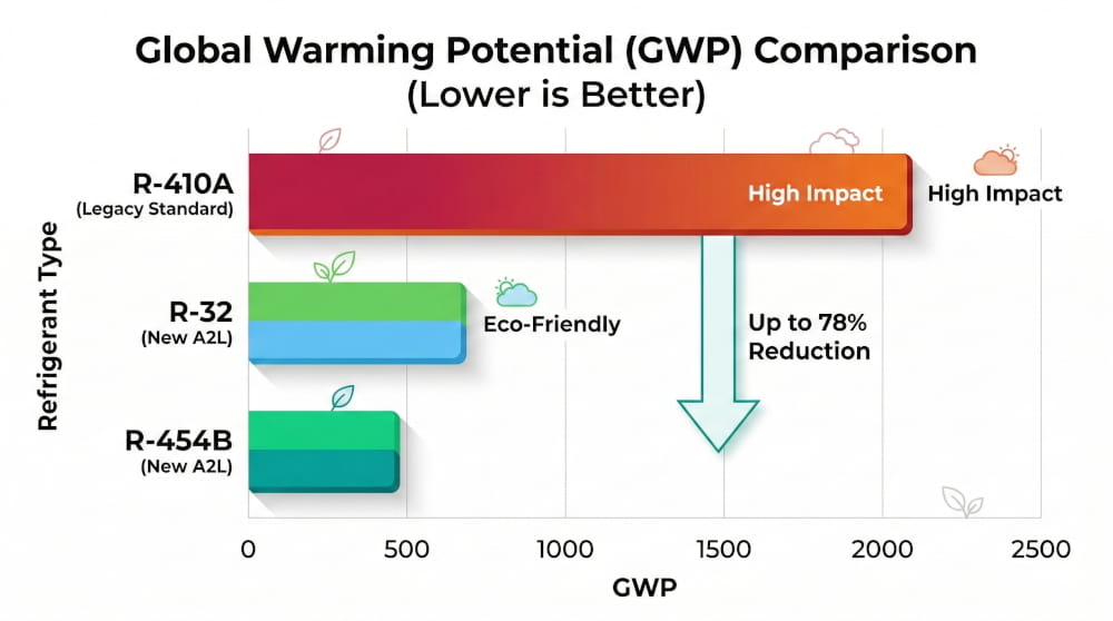 Graph showing the Global Warming Potential (GWP) of different refrigerant types, and how newer standards are far more eco-friendly than legacy refrigerants.